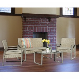 Socraigh 4 Píosa Plé Allamuigh PATIO Snámha Gairdín RatánComment Lawn Tuáille tolg Loveseat Suíochán Cushioned \u0026 Gloine Tábla Troscáin Tábla Troscáin