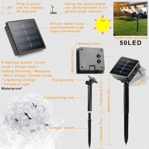 teaghrán lampa gréine 50 sféar criostail mboilgeog faoi stiúir 7 m / 23 ft 8 mód Soilse na Nollag atá oiriúnach don Nollaig tírdhreach lasmuigh gairdín clós teaghlach cosán saoire faiche páirtí maisithe soilse bána