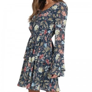 Bell sleeve do mhná faisean gúna mion priontáil