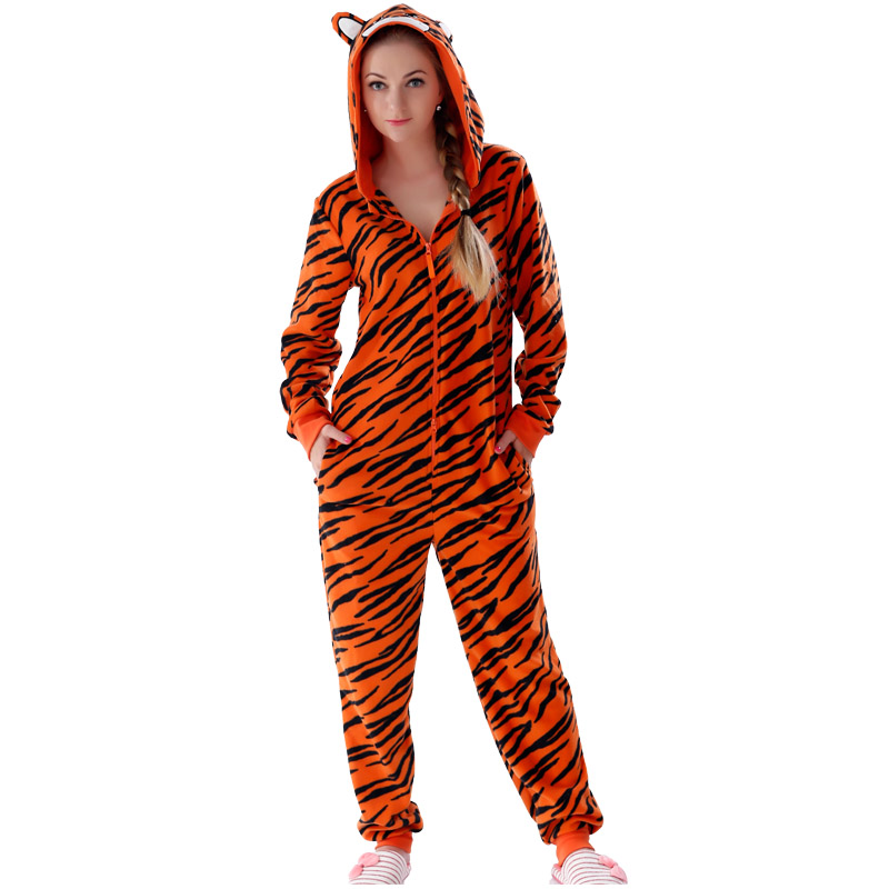 Mná Microfiber lomra Tíogair cochall Onesie Pajama Suit