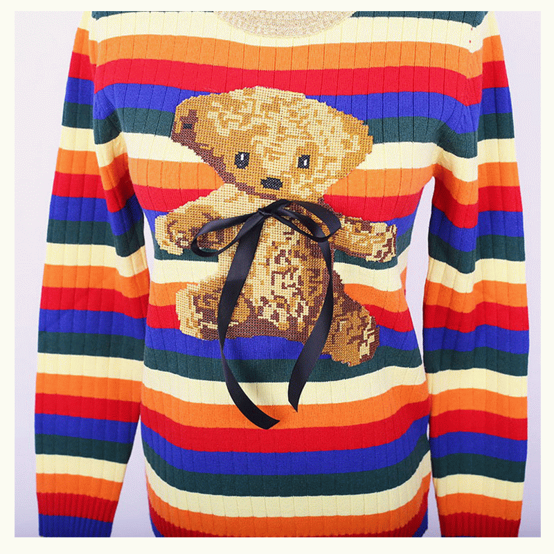 Saincheaptha ODM Teddy Bear Intarsia Stiallacha Rainbow Geansaí Éadach Cloiche na mBan