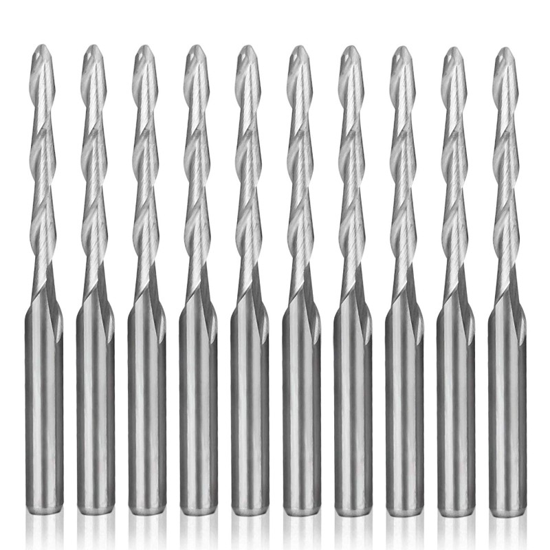 Geansaí Ródaire CNC 1/8 ”Shank Ball Muileann Deireadh Srón 2mm Gearradh Dia. Cutter Milling Milling Up-Flute Bíseach Greanadh Uirlis Snoíodóireacht Socraigh Cruach Tungstan 17mm CEL, OAL 38.5mm do PVC Aicrileach Wood MDF