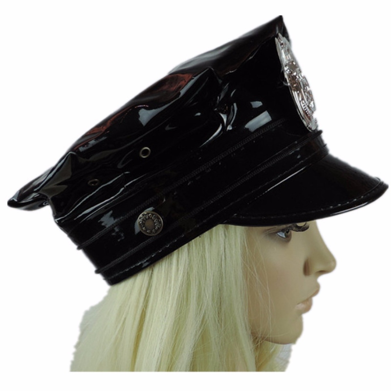 Suaitheantas Hat Hawk caipín leathair PVC PU dubh leathair ochtagánach caipín póilíní leathar caipín míleata ag imirt headwear caipín aonfhoirmeach