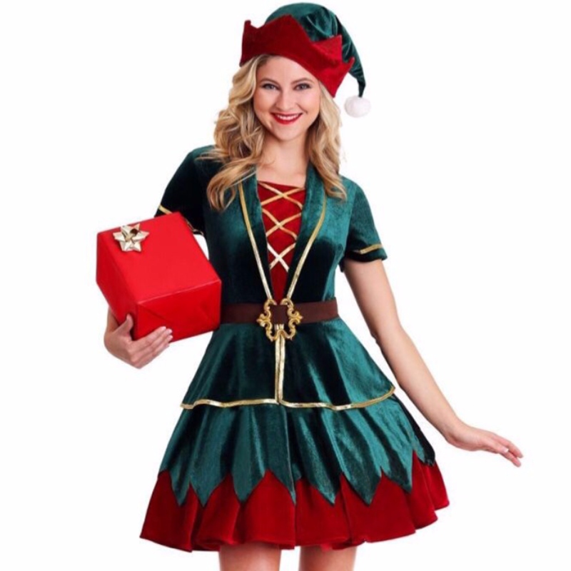 4pcs Deluxe Elf Christmas Party Holiday Velvet Mini Kleit Kostüüm kübaraga