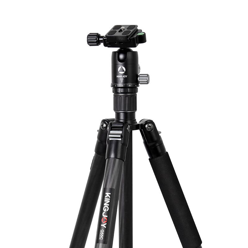 KINGJOY 4-rannóg Fiber Lock Carbóin Fillte Folding Tripod Grianghraf Tripod Photo le Kit Ceann Ball do Grianghrafadóireacht