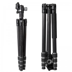 KINGJOY 4-rannóg Fiber Lock Carbóin Fillte Folding Tripod Grianghraf Tripod Photo le Kit Ceann Ball do Grianghrafadóireacht