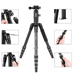 KINGJOY 5-alt Alúmanam Inacmhainne Foldable Loc Twist Tripod Ceamara Photo Trip le Ball Ceann Kit do DSLR