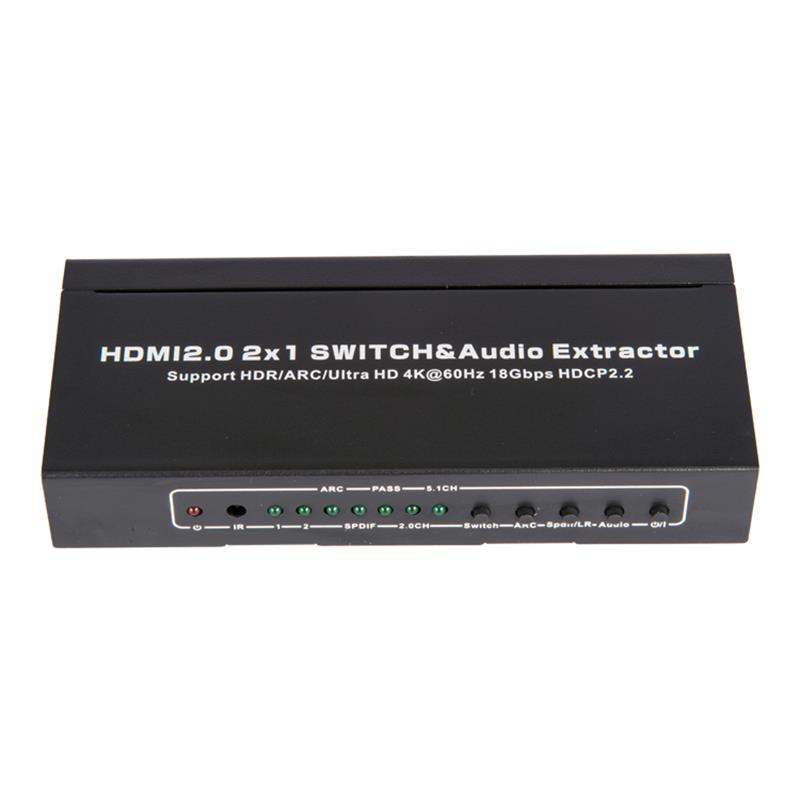 V2.0 HDMI 2x1 Switcher & Tacaíocht Fuaime Fuaime ARC Ultra HD 4Kx2K @ 60Hz HDCP2.2 18Gbps