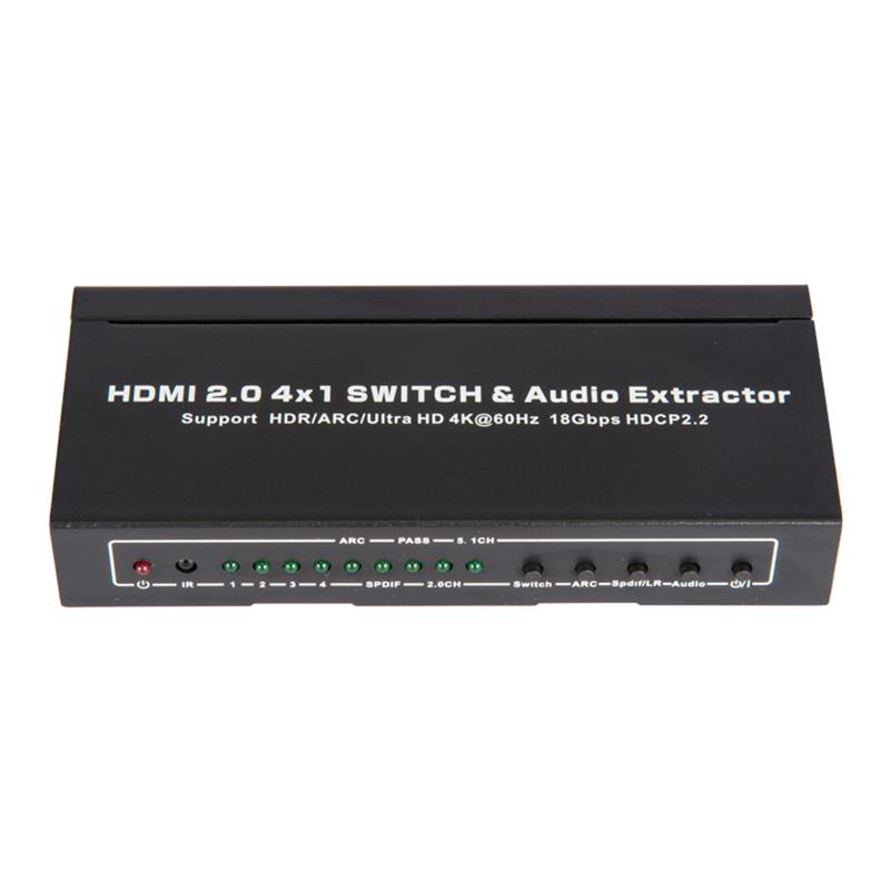 V2.0 HDMI 4x1 Switcher & Tacaíocht Fuaime Fuaime ARC Ultra HD 4Kx2K @ 60Hz HDCP2.2 18Gbps