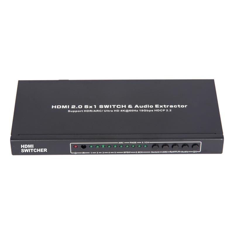 V2.0 HDMI 5x1 Switcher & Tacaíocht Fuaime Fuaime ARC Ultra HD 4Kx2K @ 60Hz HDCP2.2 18Gbps