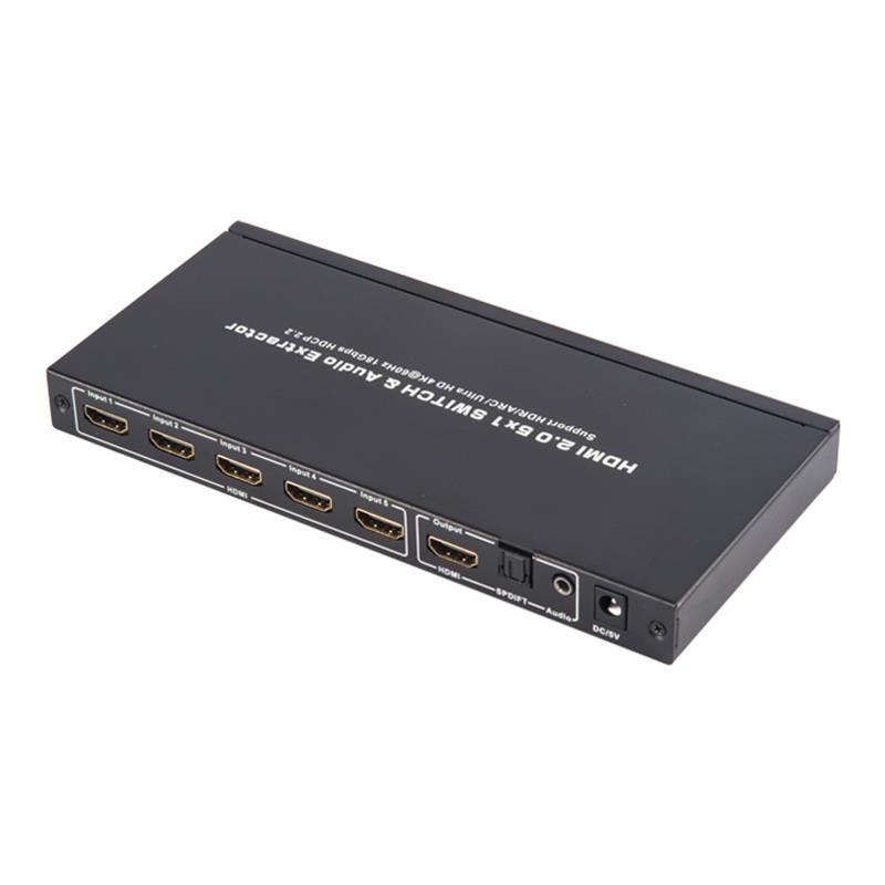 V2.0 HDMI 5x1 Switcher & Tacaíocht Fuaime Fuaime ARC Ultra HD 4Kx2K @ 60Hz HDCP2.2 18Gbps