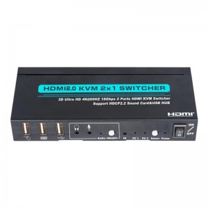 V2.0 HDMI KVM 2x1 Tacaíocht Lasc Ultra HD 4Kx2K @ 60Hz HDCP2.2 Cárta Fuaim 18Gbps & USB Hub