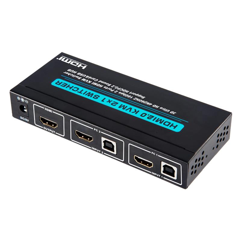 V2.0 HDMI KVM 2x1 Tacaíocht Lasc Ultra HD 4Kx2K @ 60Hz HDCP2.2 Cárta Fuaim 18Gbps & USB Hub