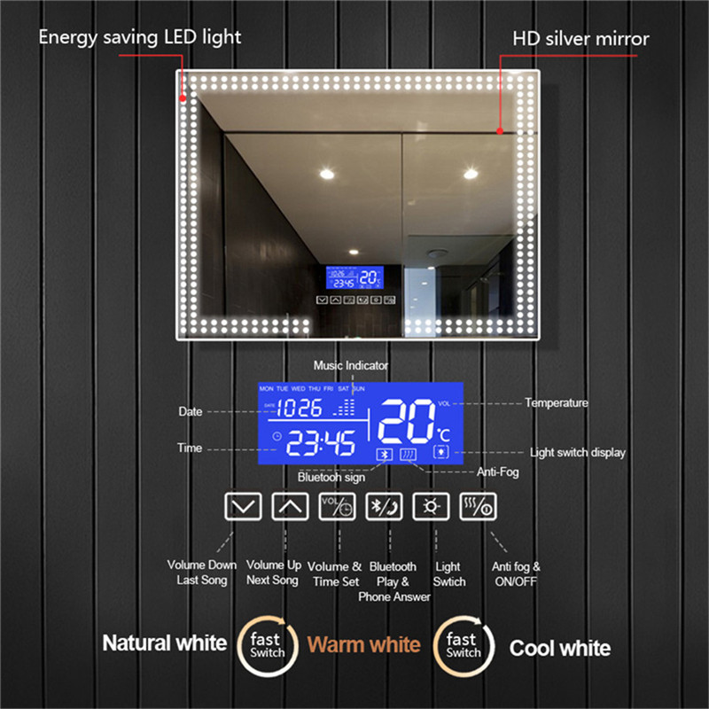 High Quality Wall Mounted Cooper-free LED Heledast seinast vannitoa peegel Bluetooth spiiker