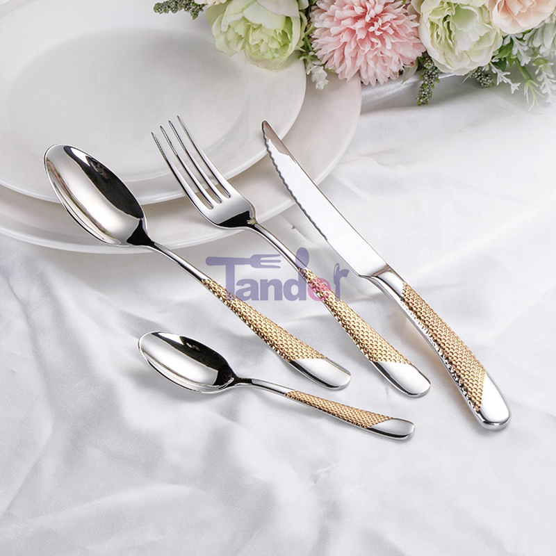 flatware órga 304 tacar sceanra plátáilte ór ard cruach dhosmálta