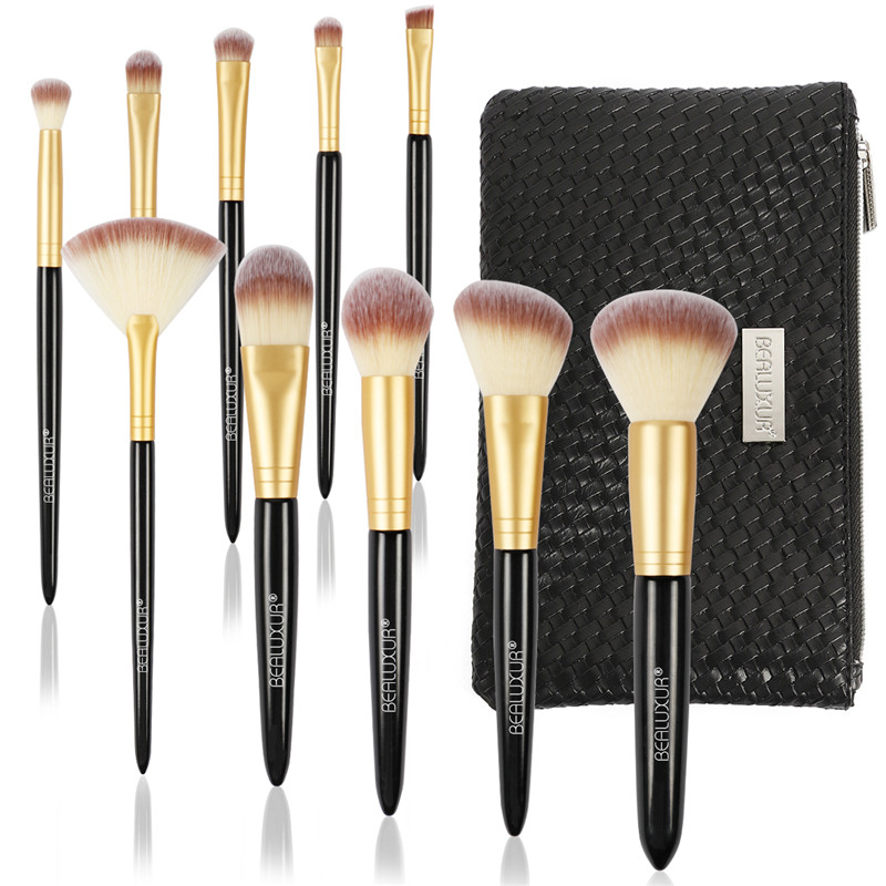 Socraigh Scuab Makeup 10PCS, Uirlisí Scuaba Kit Scuab Snáithín Préimhe Sintéiseach le Mála Makeup Taistil Leathar PU