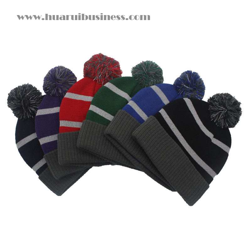 beanie cufaí aicrileach, hata, tuque, unisex, beanie geimhridh le pom pom le stiallacha frithchaiteacha