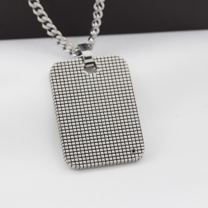 Stainless Steel Men\\ s Engravable Dog Tag Pendant Cubic Zirconia Stone Fence Pattern Necklace