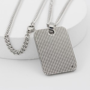 Stainless Steel Men\\ s Engravable Dog Tag Pendant Cubic Zirconia Stone Fence Pattern Necklace