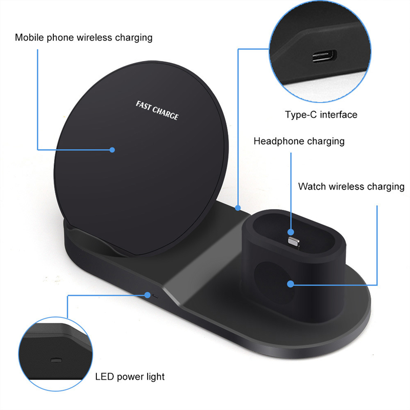 3 I 1 Qi Carger Wireless Watch Watch Sreang Charger Seastáin Sreang Tarrtháil Stáisiún Duga do iPhone