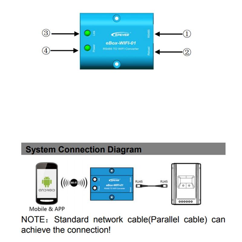 WiFi Sraithuimhir Freastalaí RS485 le WiFi Tacaíocht App don Rialaitheoir Soalr Inverter Epsolar LSB vs-a vs-bn tracera tracer-bn shi