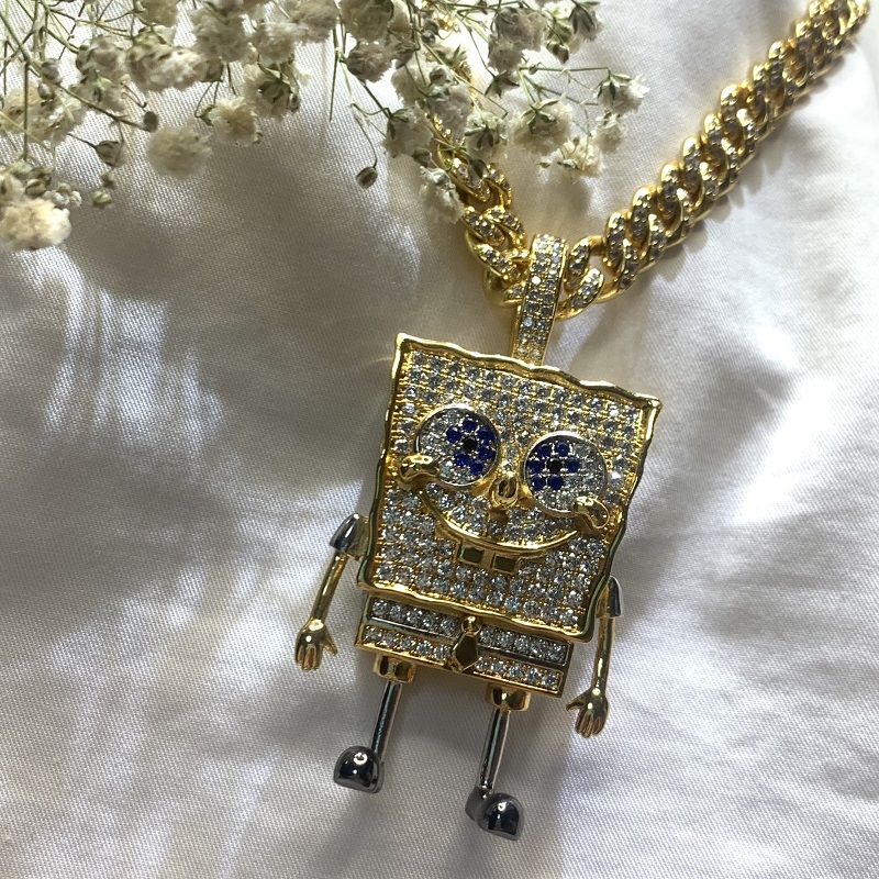 Faisean Cartoon Spongebob Squarepants Inleagtha Zirron Pendant Hip Hop Necklace Treorach