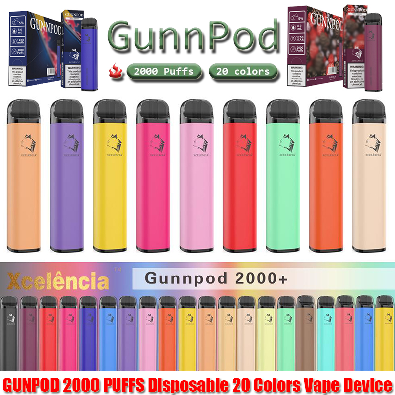 GUNNPOD 2000 PUFF VAPE indiúscartha réamh-líonta 1250Mah Battery e Battery e Deverce 18350 8ml vaporizer trealamh tosaithe vs elf bar 20 flav peann peann puff puff