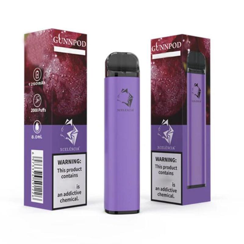 GUNNPOD 2000 PUFF VAPE indiúscartha réamh-líonta 1250Mah Battery e Battery e Deverce 18350 8ml vaporizer trealamh tosaithe vs elf bar 20 flav peann peann puff puff