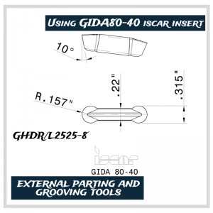Uirlisí gearrtha Emet, uirlisí casadh seachtracha, scaradh seachtrach agus uirlisí grooving, go háirithe le haghaidh meaisínithe rothaí, ag baint úsáide as ISCAR GIDA80-40 INSERT, GHGR NL2525-8, GHGR NL2525-6