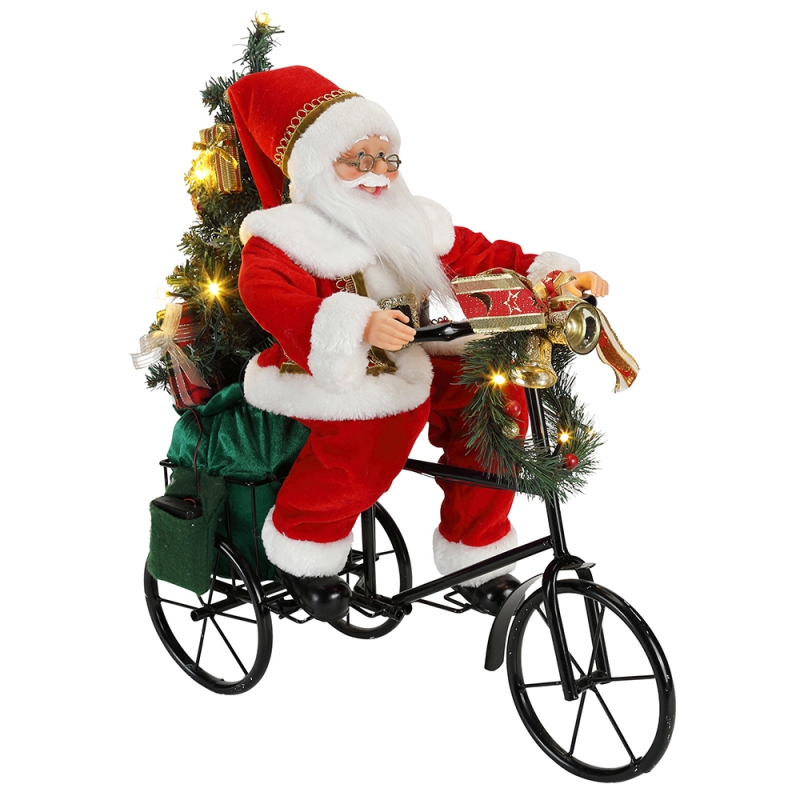 45cm Santa Claus ina shuí ar thricycle soilsiú Nollag maisiú maisiú Figurine Féile Saoire Saoire Mír