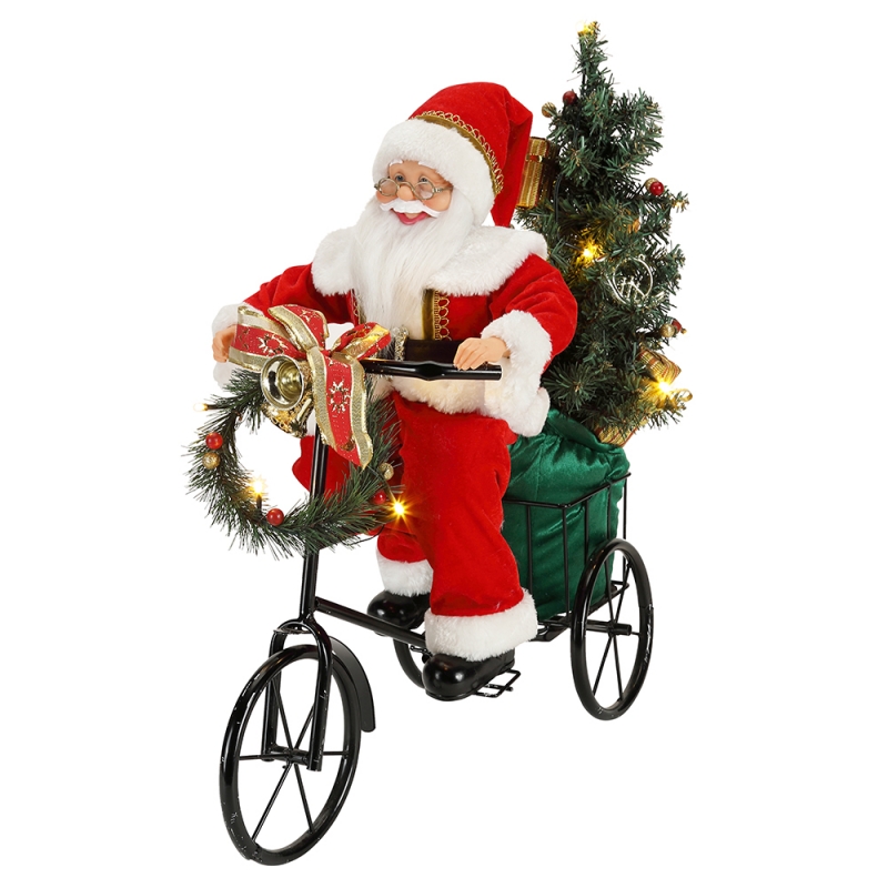 45cm Santa Claus ina shuí ar thricycle soilsiú Nollag maisiú maisiú Figurine Féile Saoire Saoire Mír