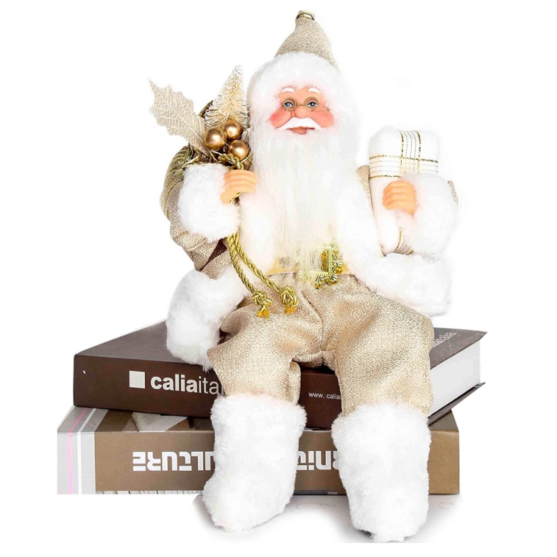 12inch ina shuí Golden Santa Claus figurine le duilleoga mála bronntanas agus bosca ag caitheamh bróga bána maisiú saoire Nollag