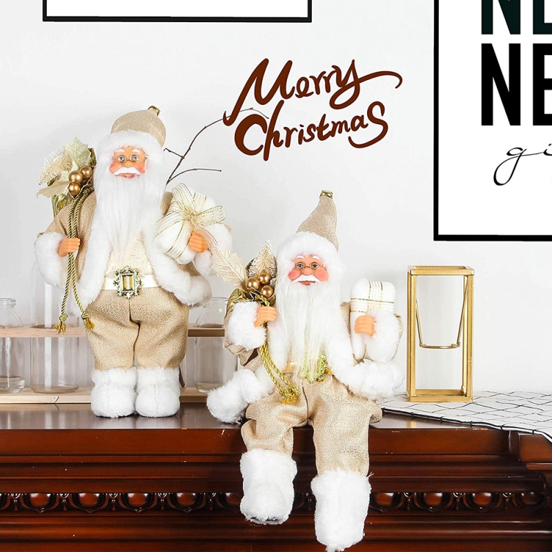 12inch ina shuí Golden Santa Claus figurine le duilleoga mála bronntanas agus bosca ag caitheamh bróga bána maisiú saoire Nollag