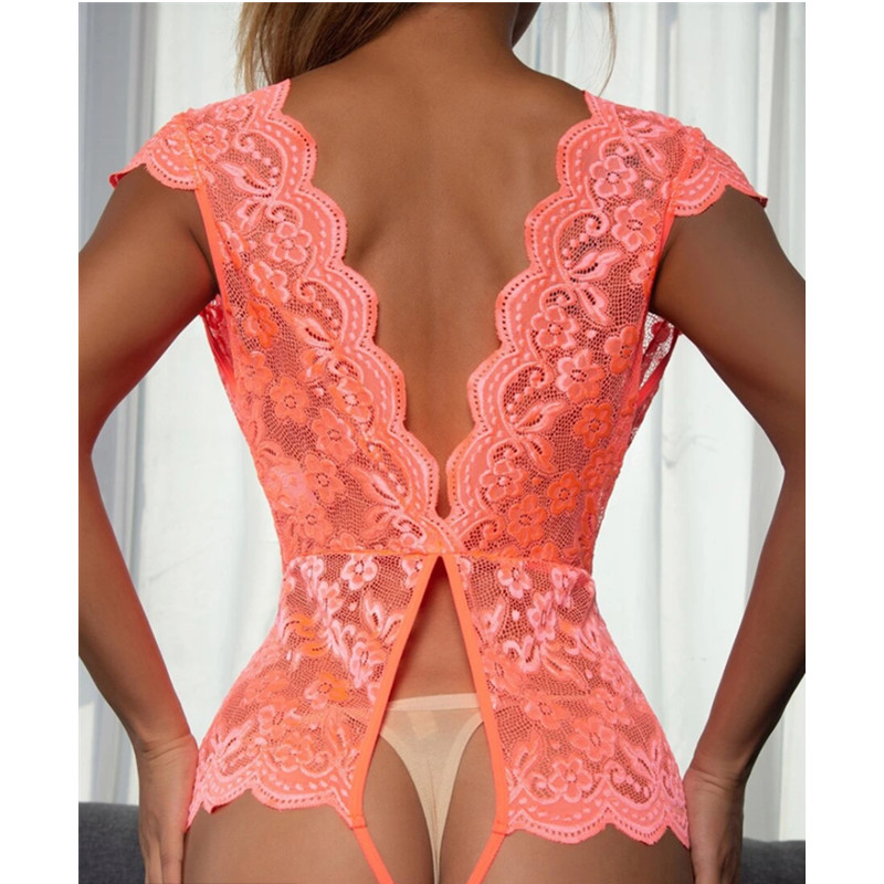 Dropshipping Deep v plunge aon-phíosa lingerie lása lása trédhearcach codlata trédhearcach Bodysuit sexy lingeries sexy ábhar spandex/cadás · lása maisiúcháin