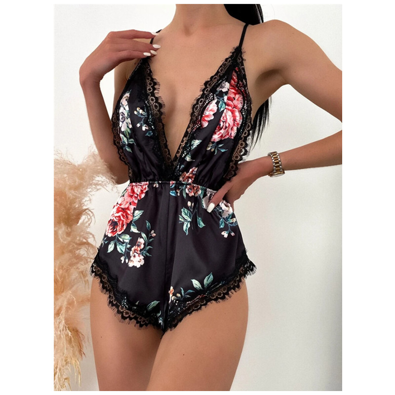 Sexy Hollow Amach Floral Bodysuit Ard-Gearr Gearr V muineál Lingerie Teddy Ultra tanaí Mná Breathable Erotic Sexy Lingeriehot táirgí díola