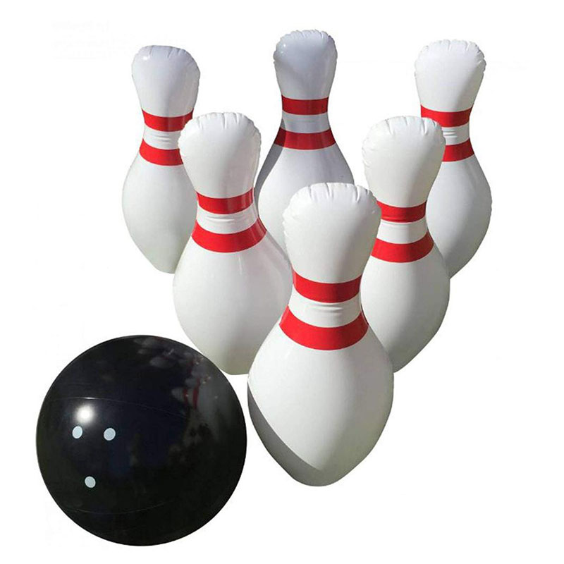 Cuimsíonn Socraigh Bowling Inséidte liathróid mhór amháin agus 6 Pionnaí Bowling Inséidte Jumbo Bowling Cluiche dona páistí