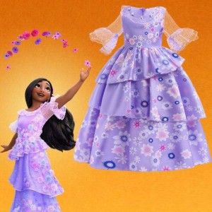 Díolachán Hot Kids Encanto Movie Movie Éadaí Isabella Cosplay Cailíní Floral Corcra Cailíní Floral Síoda ​​Maxi Gúna Fada