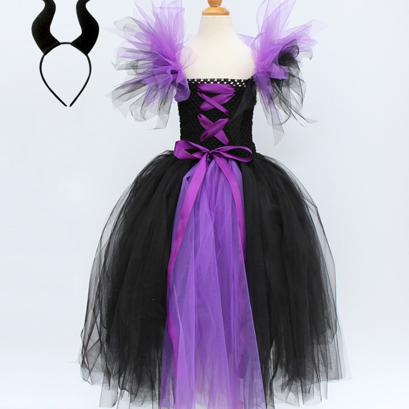 Fancy Tutu Gúna for Girls Evil Queen Magic Witch Witch Kids Kids Mal Evie Banphrionsa éadaí le headwear