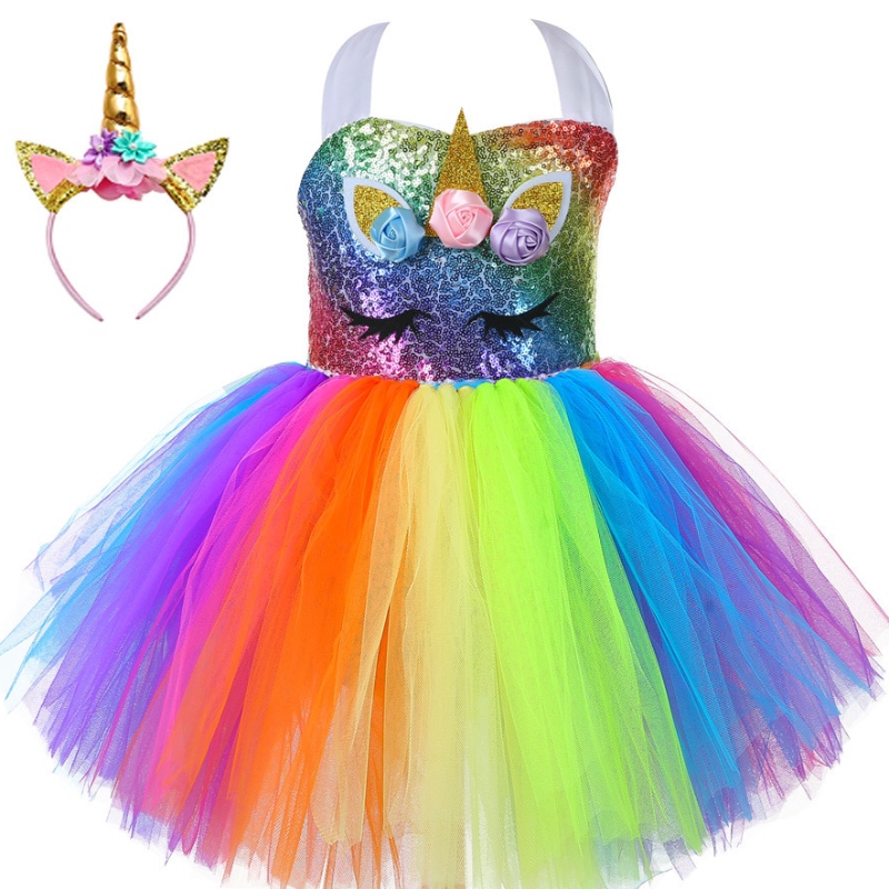 Leanaí Gúna Páirtí Unicorn Leanaí Rainbow Gúna Banphrionsa Sequin Tutu Skirt