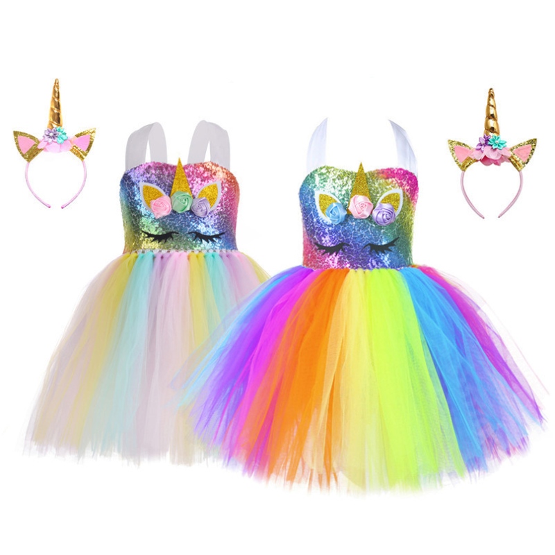 Leanaí Gúna Páirtí Unicorn Leanaí Rainbow Gúna Banphrionsa Sequin Tutu Skirt