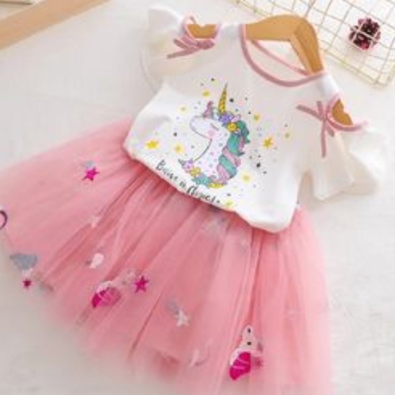 Beebi Tüdrukud Unicorn Kleidid Suvi T-särk + Tutu Printsess Kleit Kids Lühikese varrukaga Riided Set Lapsed 2tk Peo kostüüm