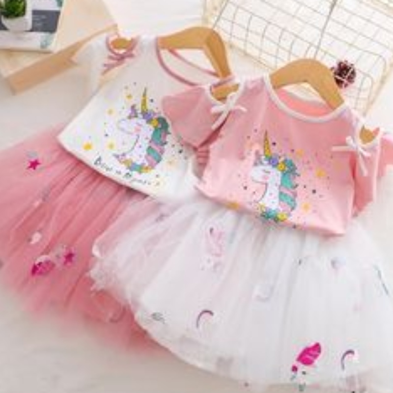 Beebi Tüdrukud Unicorn Kleidid Suvi T-särk + Tutu Printsess Kleit Kids Lühikese varrukaga Riided Set Lapsed 2tk Peo kostüüm