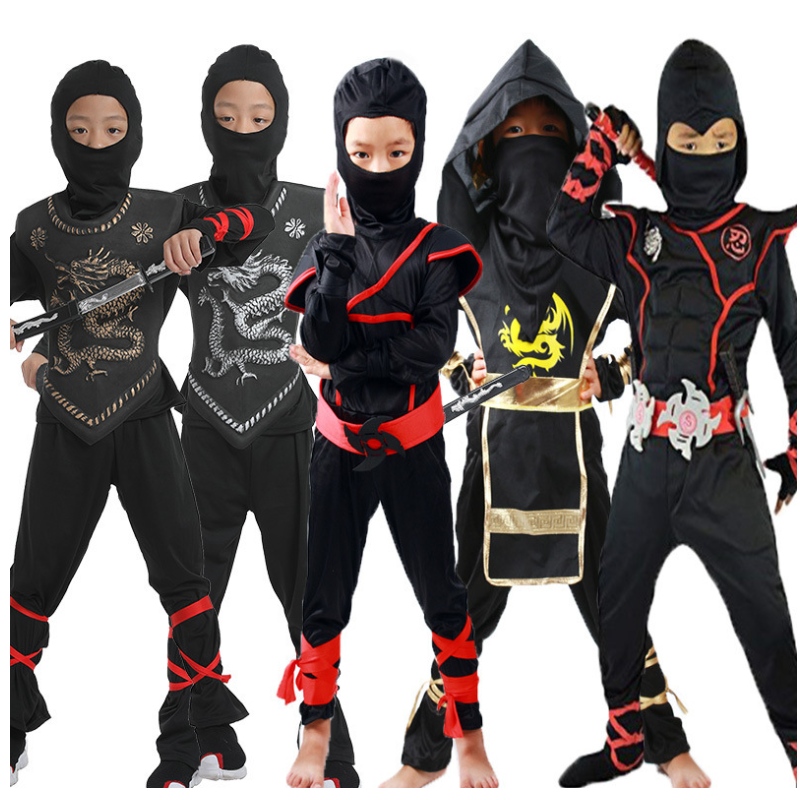 Leanaí Masked Warrior Buachaillí Oíche Shamhna Cailíní Éadaí Suas Éadaí Ninja do Kids Ninja Cosplay Jumpsuits Set