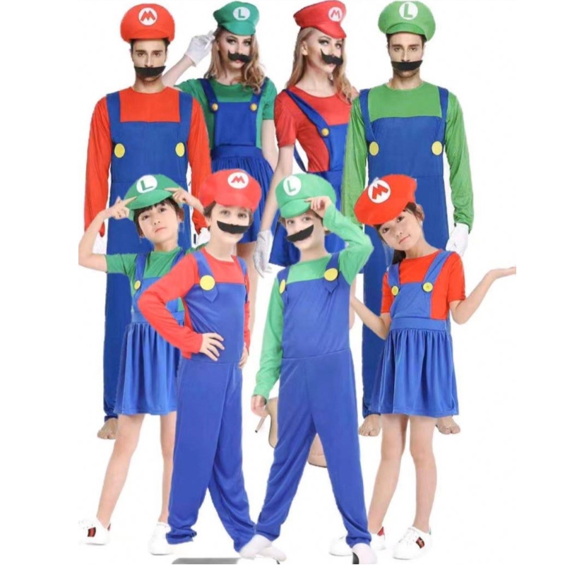 Daoine Fásta Super Mario agus páistí Mario Family Bros Cosplay Socraigh Leanaí Socraigh Leanaí Bronntanas Páirtí Oíche Shamhna Marion Éadaí Luigi