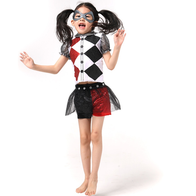 An cailín greannmhar is déanaí Harley Quinn Cailíní éadaí Oíche Shamhna le cóisir masc do leanaí