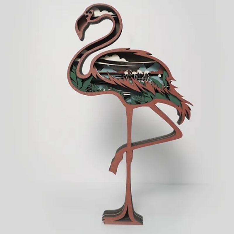Maisiú déantúsáin adhmaid 3D flamingo