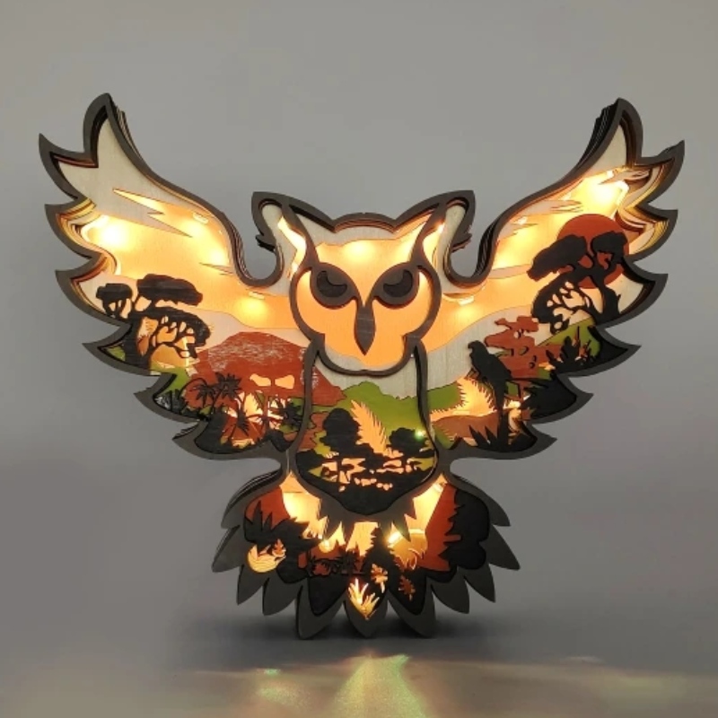 Ornáidí adhmaid owl ainmhithe 3D