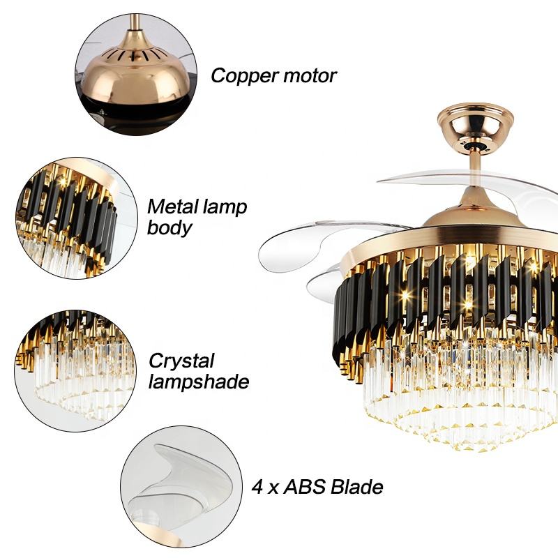 K001 Fan Candelier Uasteorainn le solas le dath iargúlta 42 orlach 3 le Chandelier Fan Crystal Cainteoir