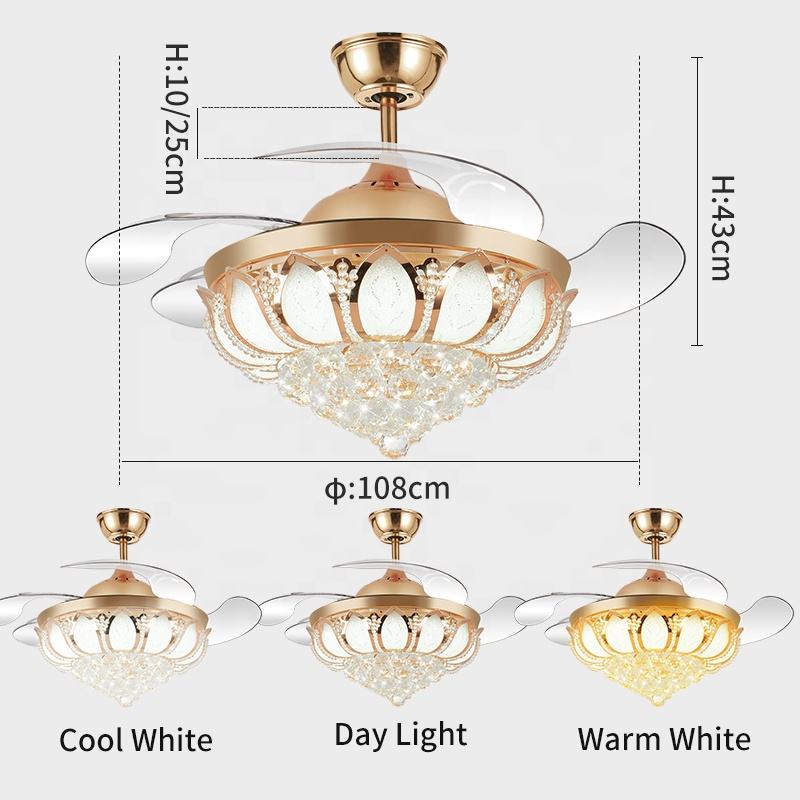 K003 Fan Candelier Uasteorainn le solas le dath iargúlta 42 orlach 3 le Chandelier Fan Crystal Cainteoir