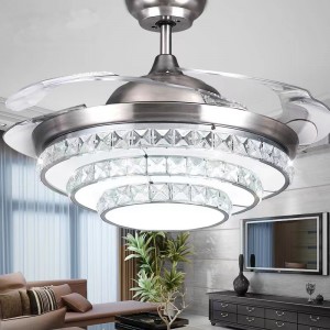 K004 Fan Candelier Uasteorainn le solas le dath iargúlta 42 orlach 3 le Chandelier Fan Crystal Cainteoir